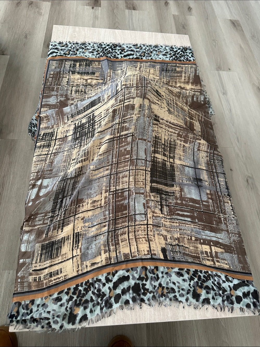 Patterned Lightweight Scarf in Beige, Brown & Light Blue - Picture 2 of 3
